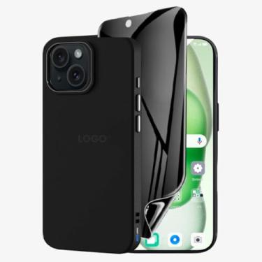 Imagem de Kit Capa Capinha Case Proteção Premium Preta Anti Impactos + Película de Cerâmica Fosca Privacidade Não Quebra, Anti Riscos (iPhone 15)