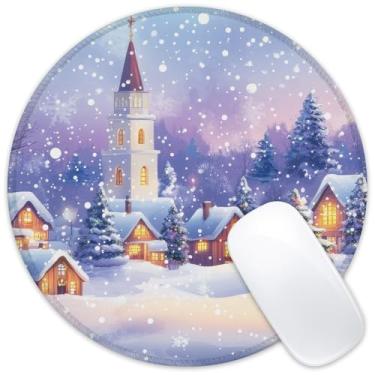 Imagem de Identiy Tapete de rato pequeno de Natal, tapete de mesa redondo para jogos com neve de inverno para teclado e mouse, base de borracha antiderrapante, bordas costuradas para computador, laptop, casa
