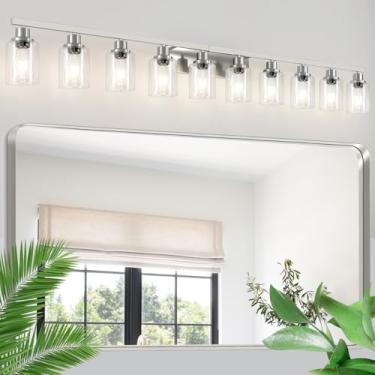 Imagem de DIKAIDA Luminária de banheiro de níquel escovado, 10 luzes com vidro transparente, luminárias modernas de parede de banheiro de 64 polegadas sobre o espelho, iluminação de arandelas de parede para