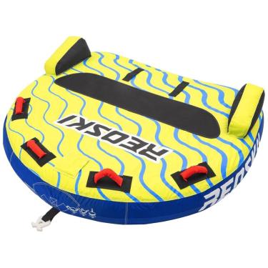 Imagem de Boia Rebocável para 2 Pessoas, Carga Máx 154 kg com Barbatanas, Drenagem e Conector Rápido, REOSKI, Amarelo e Azul