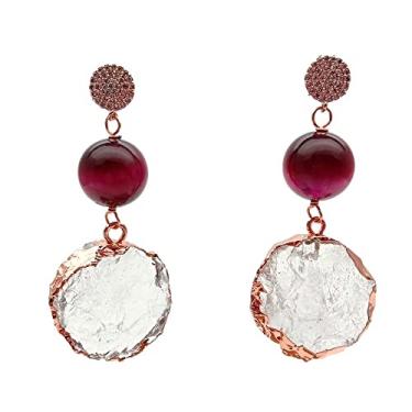 Imagem de Brincos de pino de quartzo transparente com olho de tigre fúcsia em forma de moeda bruta pavê banhado a ouro rosa