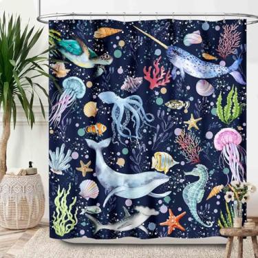 Imagem de Lnepty Cortinas de chuveiro de tubarão, mundo do mar, peixe subaquático, oceano, animais, baleia, peixe, colorido, coral, azul marinho, cortina de banheiro decorativa, tecido impermeável, cortina de