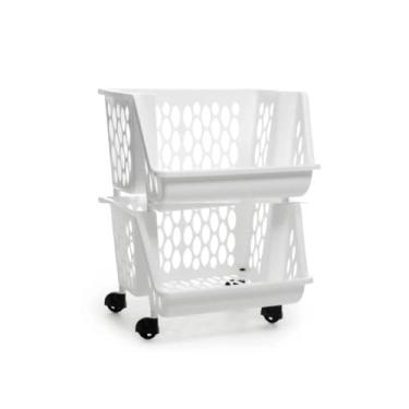 Imagem de Organizador Multiuso Cesto de Plástico c Rodinhas 2, 3 ou 4 andares Empilhável (Duplo Branco)
