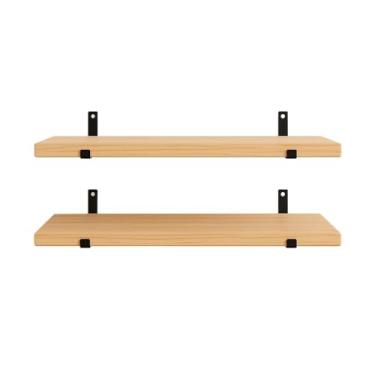 Imagem de Kit com 2 prateleiras de madeira industrial com suporte invertido mão francesa (Natural,40 Centímetros)