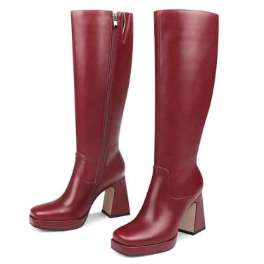 Imagem de COLETER Botas femininas na altura do joelho, bico quadrado, salto grosso, plataforma, botas longas, com zíper lateral, moda de inverno, botas Gogo, Borgonha, 38