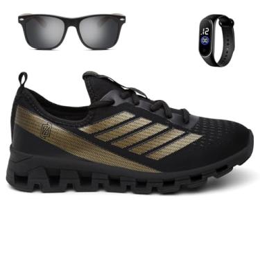 Imagem de Kit Tênis Masculino Esportivo Para Corrida Caminhada Ultra Macio + Óculos e Relógio Digital - Preto+Dourado/37