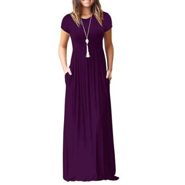 Imagem de Vestido maxi AUSELILY feminino de manga curta, solto, liso, roxo