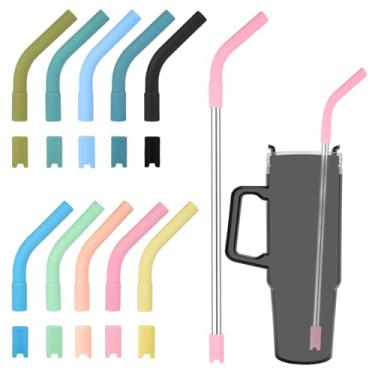 Imagem de 20 peças de pontas e pedestais de canudo de silicone, incluindo 10 pontas de palha, 10 bases, 2 canudos de aço inoxidável, ponta extensora de silicone para canudo adequado para canudos de 8 a 10 mm de