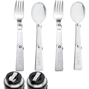 Imagem de Garfo de colher para THERMOS FUNTAINER, pote de comida de 473 ml, colher dobrável multifuncional e de substituição de utensílios de mesa portáteis de metal dobrável para piquenique, viagens ao ar