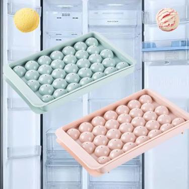 Imagem de 2 bandejas de gelo com tampa e lixeira – bandejas redondas de 2 cm de liberação fácil para freezer com tampa – Bandejas de gelo sem BPA ou freezer com recipiente de gelo (azul e rosa)