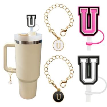 Imagem de (2+2) 2 peças de cobertura de canudo para copo Stanley 30 e 1,134 g 10 mm topo de palha com 2 peças acessórios de copo Stanley amuletos letra nome ID letra inicial alça pingente personalizado para