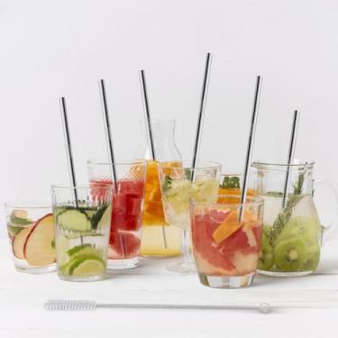 Imagem de Canudos reutilizáveis pacote com 6, canudos de aço inoxidável, canudos de metal para smoothies, copos de coquetel, milkshake, conjunto de 6 retos com 1 escova de limpeza, prata