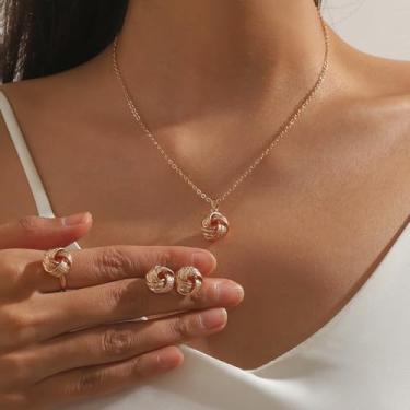 Imagem de Conjunto de joias de nó para mulheres coração nó colar brincos anel infinito torcido anel ajustável casamento noiva joias presentes, Medium, Latão, Sem Pedra Preciosa