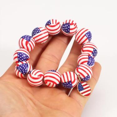 Imagem de Pulseira de contas de madeira de 4 de julho, pulseira elástica de contas grossas com padrão de bandeira americana, joia do Dia da Independência Patriótica para mulheres (bandeira - diâmetro da miçanga