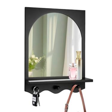 Imagem de SANY DAYO HOME Espelho arqueado emoldurado de madeira preto 40,6 x 30,5 cm com prateleira e 3 ganchos, espelho decorativo de parede de vidro real para entrada, banheiro, quarto, lavanderia