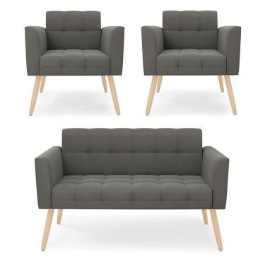 Imagem de Kit 1 Sofá Namoradeira E 2 Poltronas Elisa Suede Pés Palito Natural - D'rossi Cor Grafite