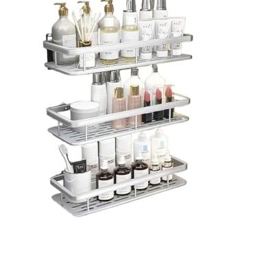 Imagem de Kit com 3 Suportes de Canto para Banheiro e Cozinha - Prateleira Multifuncional em Alumínio - Organize Seu Espaço com Estilo e Praticidade(B-3 Retangular -prata)