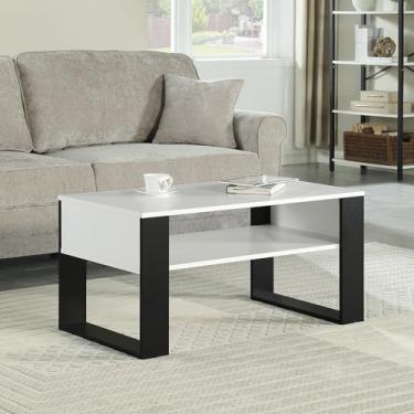 Imagem de CENSI Mesa de centro de madeira de 91 cm para sala de estar, mesa central moderna com prateleira de armazenamento aberta, mesa de coquetel retangular de madeira, L 91 x P 40 x 44 cm (preto/branco)