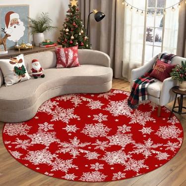 Imagem de PureCozy Tapete redondo de 2,4 m, vermelho, Natal, sala de estar, 20 x 8 mas, grande, floco de neve, tapete circular para cozinha interna, lavável, quarto, decoração de férias, sala de jantar, sala de