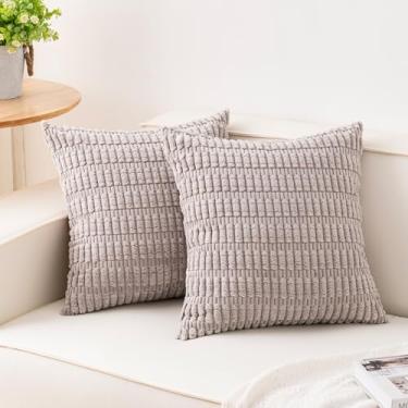 Imagem de Aegero Pacote com 2 capas de almofada decorativas de veludo cotelê 45,7 x 45,7 cm, capas de almofada listradas macias, decoração de casa de fazenda moderna para sofá, sala de estar, sofá-cama (cinza