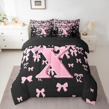 Imagem de jejeloiu Conjunto de edredom solteiro com laço fofo para meninas, meninos, meninas, com letra inicial X 7 peças, preto, rosa, coquete, laço, cama em uma bolsa, monograma, microfibra macia