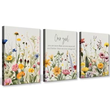 Imagem de Conjunto de 3 arte de parede em tela de flores emolduradas, estampa de pôster de banheiro floral colorido, decoração de parede botânica em aquarela para sala de estar, decoração de quarto de meninas