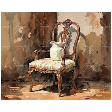 Imagem de Kit de pintura vintage por números para adultos – Cadeira antiga DIY e pintura de jarro de cerâmica em tela 40,6 x 50,8 cm, conjunto de tinta acrílica, adequado para iniciantes, decoração de casa ou