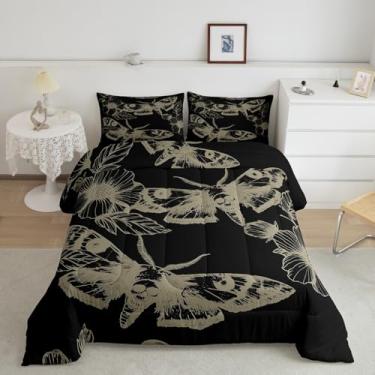 Imagem de jejeloiu Jogo de cama gótico, tamanho casal, boêmio, mariposa, para crianças, meninos, meninas, adolescentes, preto, gótico, conjunto de cama floral, respirável, com 1 edredom, 2 fronhas, decoração de