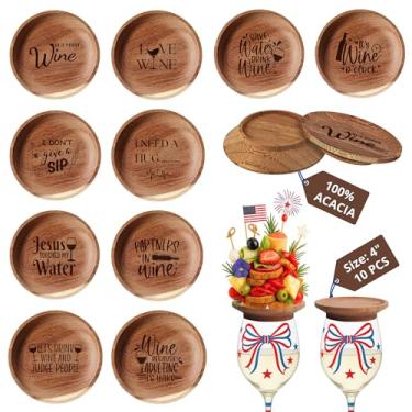 Imagem de OKINGEE Topo de taça de vinho de charcutaria de acácia premium, pratos de aperitivo de madeira para taças de vinho, mini tábuas de charcutaria, acessórios de charcutaria (10 peças)