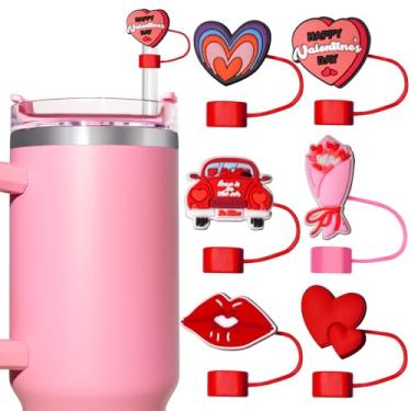 Imagem de 6 peças de capas de canudo de dia dos namorados para copos Stanley – lindos topos de silicone reutilizáveis de 10 mm para copos de 850 g/1,134 g com alça, capas de ponta de palha doce, acessórios de