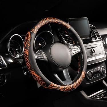 Imagem de Capa de volante Lord AutoFashion – Couro PU, borracha antiderrapante, conforto para todas as estações – Preto/Tigre – Tamanho M 14,5–15 polegadas (8684)