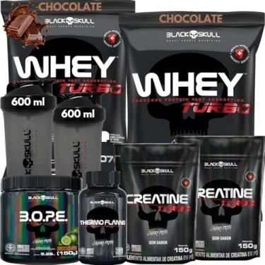 Imagem de Kit 2x Whey Protein Turbo 907g + 2x Creatina Monohidratada 150g + Pré-Treino BOPE 150g + Thermo Flame Termogênico 120 Tabletes+ 2x Coqueteleira - Black Skull (Whey Chocolate + Bope Limão)