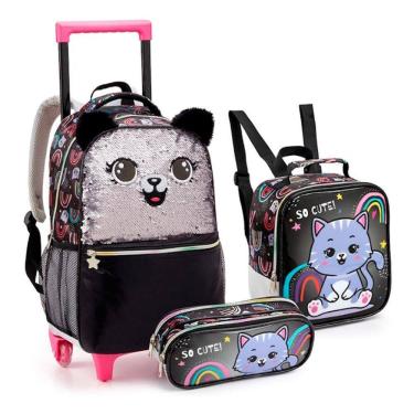 Imagem de Mochila De Rodinha + Lancheira + Estojo Gato Com Paête Preto