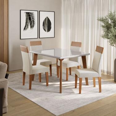 Imagem de Conjunto Sala de Jantar Mesa 120cm Tampo com Vidro Dubai 4 Cadeiras Paris Madetal - Mel/Nude/Bege