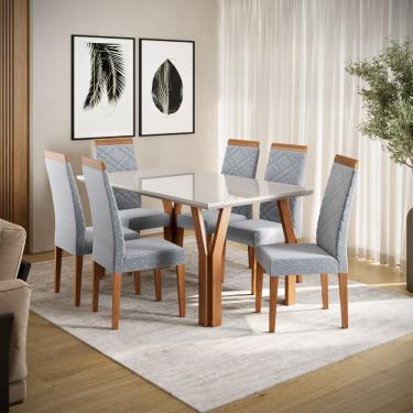 Imagem de Conjunto Sala de Jantar Mesa 154cm Atlas Tampo com Vidro com 6 Cadeiras Atlas Madetal - Mel/Nude/Cinza
