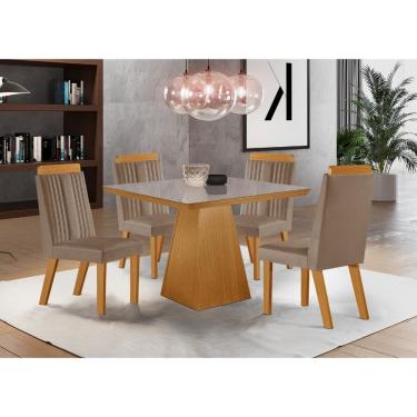 Imagem de Conjunto Sala de Jantar Mesa Prada com Tampo de Vidro 90cm e 4 Cadeiras em MDF Florença LJ Móveis - Castanho Cinamomo/ Capuccino/Off White