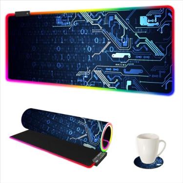 Imagem de DINKY Mouse pad RGB estendido para jogos, tapete de mouse grande XXL para gamer, placa de circuito azul, placa-mãe, tapete de mesa com 14 modos de iluminação 89,9 cm x 40,1 cm