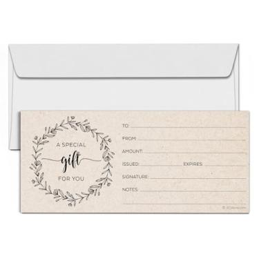 Imagem de 321Done Vales de presente em branco com envelopes, feitos nos EUA – 10 x 23 cm, design rústico de grinalda, vouchers para férias, Natal, pequenas empresas, spa, salão de beleza – Conjunto de 24