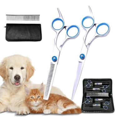 Imagem de Tesoura De Tosa Para Cães 5 Em 1 Kit Tesoura Cabelo Inox, Tesouras Cabelo Profissional Multifuncional Para Cabeleireiro, Cães e Gatos, Azul