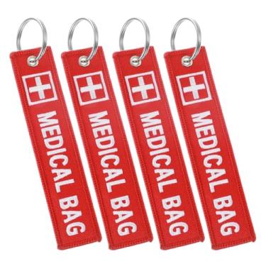 Imagem de 4 etiquetas de bolsa médica, etiqueta dupla face de equipamento médico para bagagem e mochila, chaveiro vermelho durável com informações de alerta médico