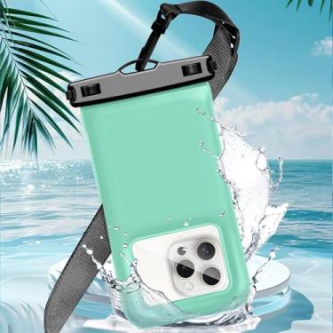 Imagem de Capa de telefone universal à prova d'água, bolsa seca flutuante com cordão transversal para iPhone 16 15 14 13 Pro Max, acessórios de viagem para celular IP68 para férias imperdíveis, 1 pacote verde