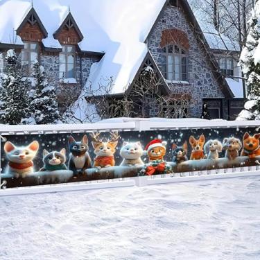 Imagem de HOMETITUTE Banner de animais de estimação de Natal 395 x 50 cm pano de fundo fofo de cachorro e gatos chapéu de Papai Noel chifres de rena cerca de inverno decoração de parede de varanda para quintal