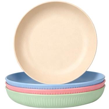 Imagem de MaoMaoCha Conjunto de 4 pratos de jantar, pratos de plástico de 19 cm, reutilizáveis, pratos de palha de trigo, seguros para lava-louças e micro-ondas, pratos de salada leves para acampamento/cozinha
