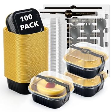 Imagem de Ruckae Mini formas quadradas de 142 g, 100 peças, com tampas, recipientes de sobremesa descartáveis, mini formas de bolo com tampas, copos de sobremesa de alumínio para festas e casamentos (ouro preto