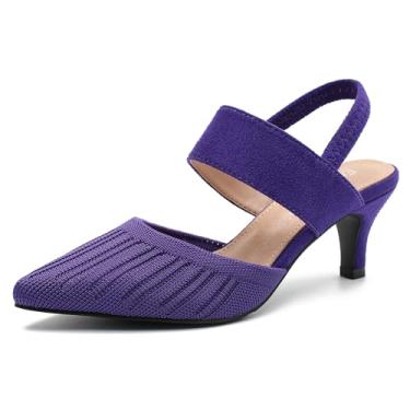 Imagem de Enelauge Sandália feminina de salto baixo de malha com tira elástica no tornozelo, bico fechado, bico fino, para casamento, formatura, Roxa, 42