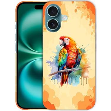 Imagem de SM CASES Capa para iPhone 16 - Capa de plástico rígido com design impresso em aquarela papagaio em 3D compatível com iPhone 16
