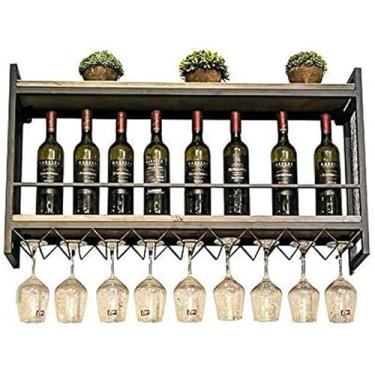 Imagem de Prateleiras de vinho vintage montadas na parede, unidade de bar de cozinha prateleiras flutuantes placa de madeira rústica suporte de garrafa de vinho suporte de garrafa de vinho de ferro de metal