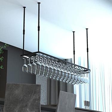 Imagem de Prateleira de vinho, prateleira de vidro para pendurar em metal, prateleiras de armazenamento de teto, prateleiras de garrafa de vinho preto e suporte de taça de vinho, altura e largura ajustáveis