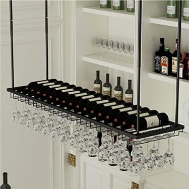 Imagem de Rack de vinho de teto, suporte de copo de vinho e rack de garrafa/prateleira de armazenamento de taças suspensas embaixo do armário/altura e largura ajustáveis/preto (tamanho: 60 x 27 x 8 cm)