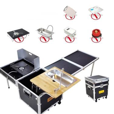 Imagem de JYXYXSCP Conjunto de cozinha de acampamento com pia e fogão estação de cozinha de acampamento portátil mesa de acampamento com caixa de armazenamento com rodízios